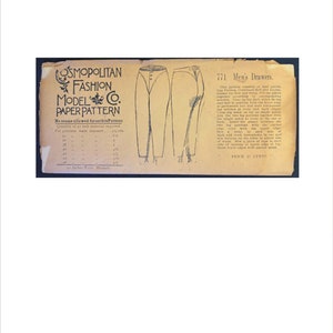 May include: A vintage paper pattern for men's drawers. The pattern is printed on a yellowed piece of paper with black ink. The pattern includes a diagram of the front and back of the drawers, along with instructions for sewing. The text on the pattern reads "771 Men's Drawers. This pattern consists of two pieces. At the front, the two seams are trimmed for fold and wrap. Put the pieces together according to corresponding numbers. The seams at the sides are to be performed up and meet at a seam at back. Take big part, be sure it's long enough to reach from the top of the back to the bottom at front and the same at the side. Then join the two big portions together from the single leg portions to the curved edge. Then join the two portions at the curved edge with the upper edge. Work each side in the same way. Then stitch on the other side and sew the two seams together. Then stitch the bottom edge to adjust size of waist. Sew a piece of tape to each side of the lower edge with narrow hem. PRICE 2 CENTS."