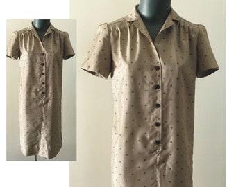 1960s Shift Dress Size M Bust 36 Taupe Fully Lined Geometric Print Button Front Mid Century Vintage 60s OOAK