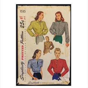 May include: Vintage Simplicity pattern 1535 featuring illustrations of women's blouses. The pattern includes various styles, such as a button-down shirt, a plaid blouse, and a striped top. The pattern is printed on aged paper and includes the price of 25 cents.