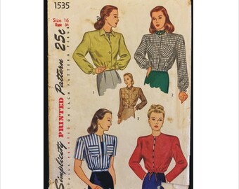 Part Cut 1940s Size 16 Bust 34 Front Button, Waist Band Jacket Simplicity 1535 Vintage Sewing Pattern WW II
