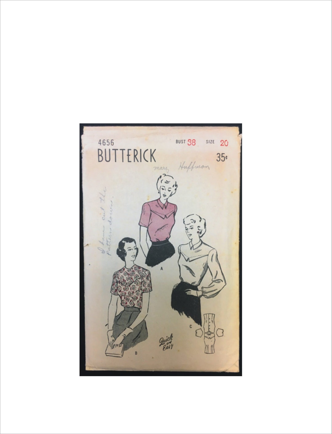 1940s Size 20 Bust 38 Quick and Easy Button Back Blouse Butterick