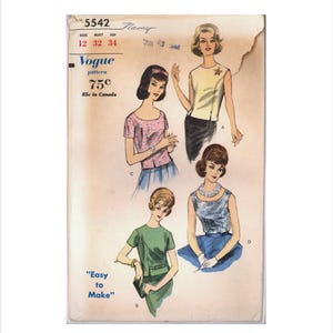 May include: Vintage Vogue pattern 5542, featuring illustrations of four different tops. The pattern includes bust sizes 32 and 34. The text "Easy to Make" is visible. The pattern is dated June 23, 1962.