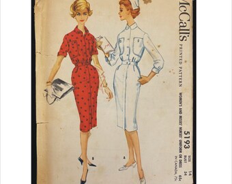 Part Cut 1950s Size 14 Bust 34 Button Front Nurse’s Uniform McCalls 5193 Vintage Sewing Pattern Shirtwaist Dress, Buttoned Patch Pockets