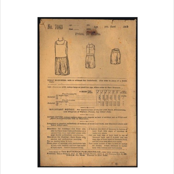 1910s Breast 29 Girls Bloomers Underbody Butterick 7043 Vintage Sewing Pattern 10s WWI Armistice Titanic Undershirt