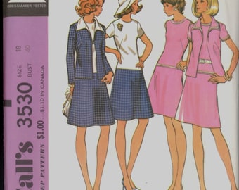 Uncut 1970s Size 18 Bust 40 Easy Long Waisted Dress Jacket McCalls 3530 Vintage Sewing Pattern 70s Plus