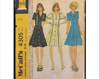 Uncut 1970s Size 12 Bust 34 Front Button Princess Dress McCalls 4305 Vintage Sewing Pattern Belt