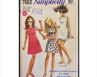 Uncut 1960s Size 9 10 Bust 30 1/2 Teens Mini Dress & Shorts Simplicity 7662 Vintage Sewing Pattern Bloomers Empire Waist Cut Away Armholes