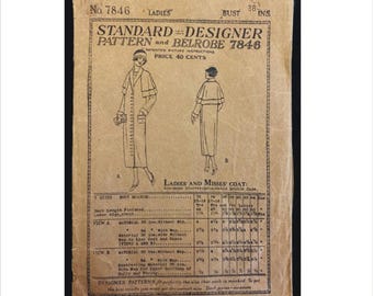 1920s Size Bust 38 Button Front Coat with Detachable Double Cape Standard Designer 7826 Vintage Sewing Pattern Not A Copy