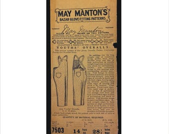 Uncut 1910s Size 14 Years Waist 28 1/2 Boy’s Overalls May Manton 7503 Vintage Sewing Pattern Not a Copy