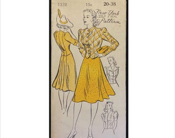 Uncut 1940s Size 20 Bust 38 Two Piece Dress New York 1332 Vintage Sewing Pattern Gold Seal Circular Skirt Fitted Jacket