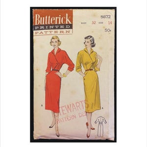 May include: Vintage Butterick printed pattern featuring illustrations of two women in dresses. The pattern includes the bust size 32 and size 14. The dress designs are a red wrap dress and a yellow dress with a button detail.