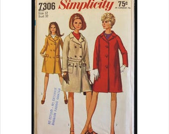 May include: Vintage Simplicity sewing pattern, size 12, bust 32. The pattern features illustrations of three women wearing different coat designs in yellow, beige, and red. The text includes "Simplicity" and "75c".