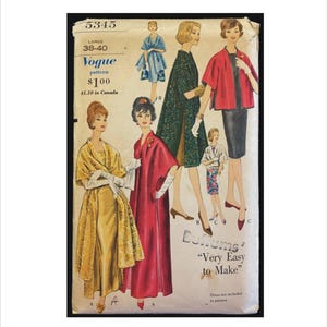 May include: Vintage Vogue sewing pattern featuring illustrations of women's fashions. The pattern includes a variety of styles, including coats, dresses, and jackets. The text on the pattern reads "Very Easy to Make". The pattern size is Large, 38-40.