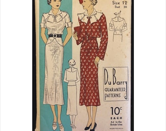 1930s Size 12 Bust 30 Dress, Detachable Collar & Cuffs, Bolero Jacket DuBarry 1404B Vintage Sewing Pattern Ensemble Not Copy