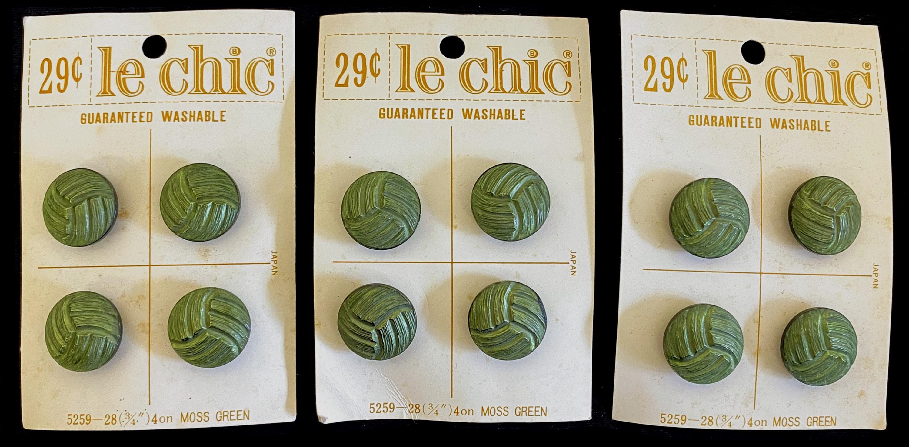 1950s 60s Lot of 12 Le Chic Shank Moss Green Plastic Buttons No