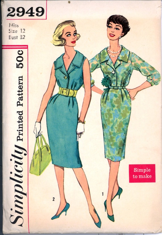1950s Size 12 Bust 32 Easy Sheath Dress Wide Collar Simplicity 2949 Vintage  Sewing Pattern