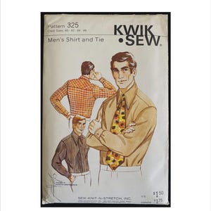 May include: A vintage sewing pattern for a men's shirt and tie. The pattern is from Kwik Sew and is for chest sizes 40-42-44-46. The pattern shows a man wearing a brown shirt with a patterned tie and a white shirt with a patterned tie.