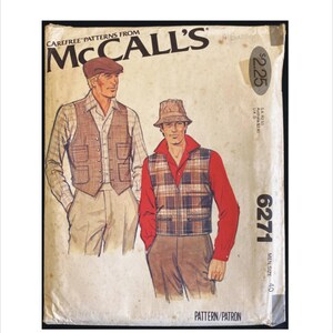 May include: Vintage McCall's sewing pattern featuring illustrations of two men in vests and hats. The pattern includes the text "CAREFREE PATTERNS FROM MCCALL'S" and the number "6271". The pattern is for men's size 40.