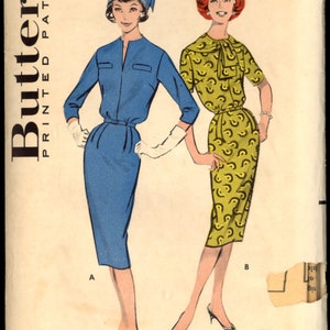 May include: Vintage sewing pattern for a dress with two different styles. The pattern is for a size 18 bust 38. The pattern is from Butterick and the pattern number is 8743. The pattern is for a dress with a blue and a yellow print.