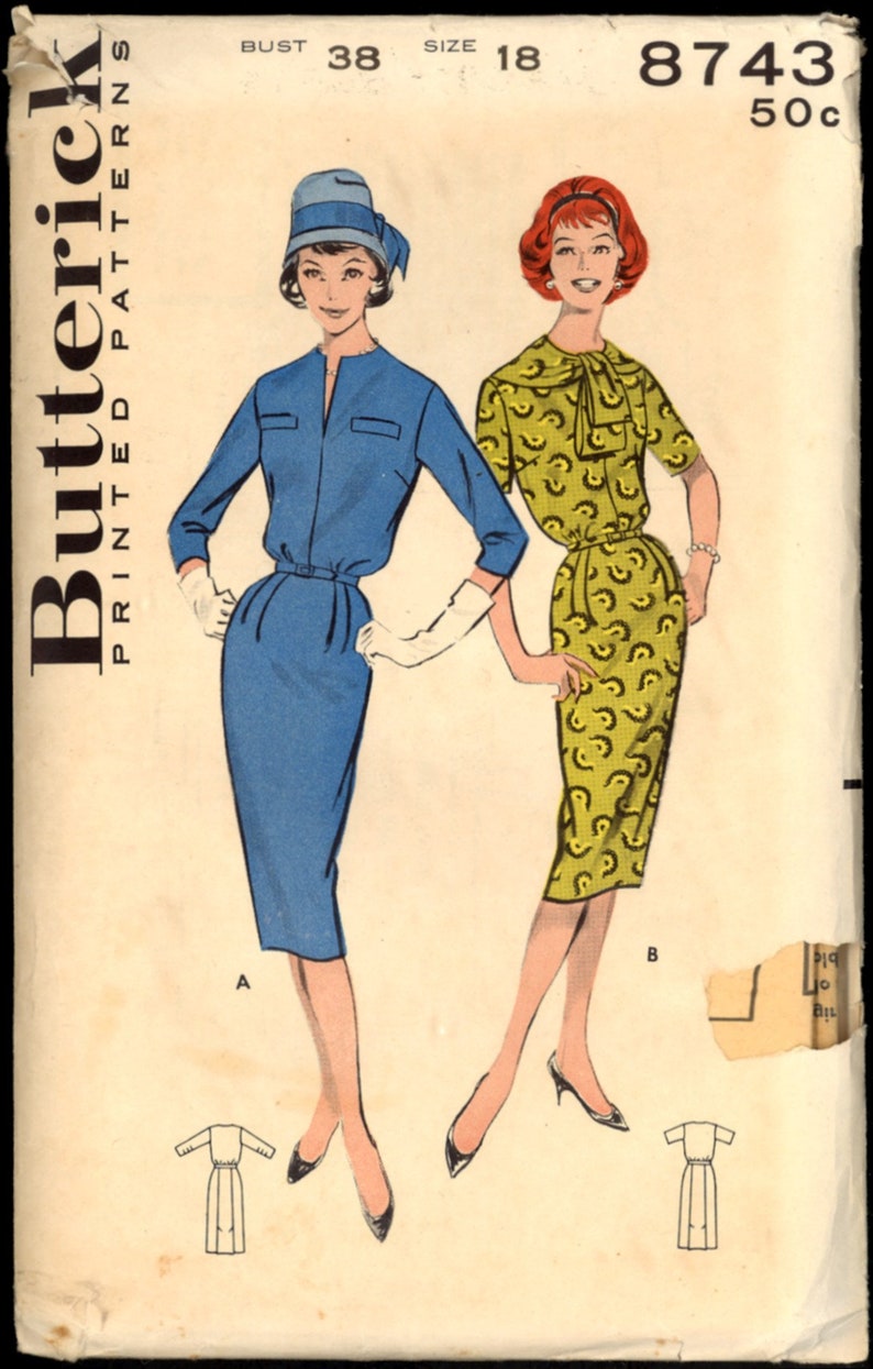 May include: Vintage sewing pattern for a dress with two different styles. The pattern is for a size 18 bust 38. The pattern is from Butterick and the pattern number is 8743. The pattern is for a dress with a blue and a yellow print.