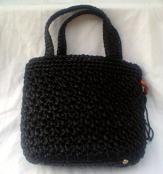 1950s 1960s Black Raffia Handbag Japan Wood Beads… - image 2