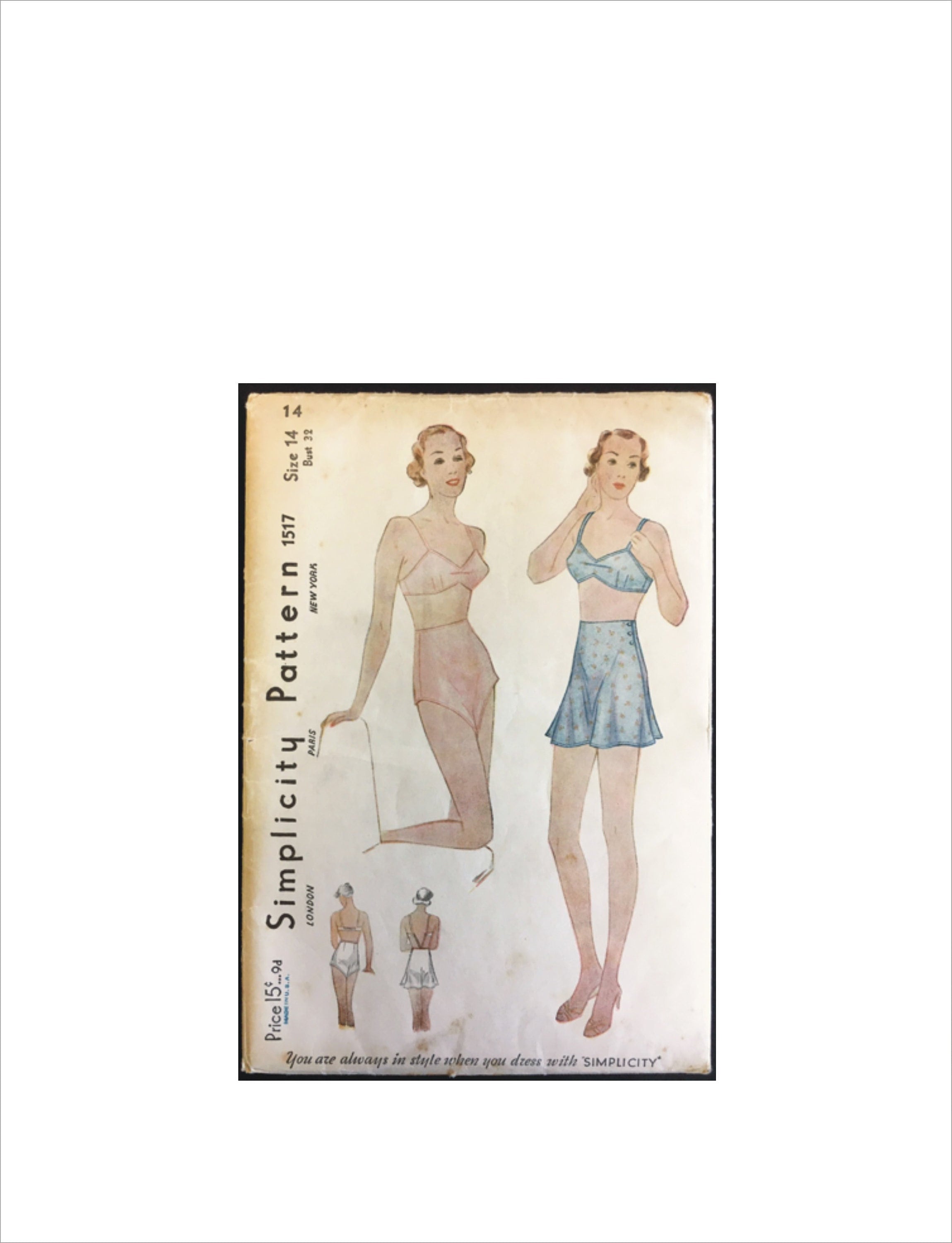1930s LOVELY Lingerie Set Bra and Tap Pants Pattern SIMPLICITY 1517 Bust 34 Vintage  Sewing Pattern FACTORY FOLDED