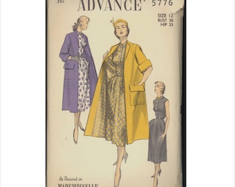 1950s Size 12 Bust 30 Clutch Coat & Sleeveless Shirtwaist Dress Advance 5776 Vintage Sewing Pattern Mid Century Duster Issue