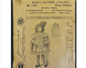 1900s Size 4 Years Breast 23 Girls Dress McCall’s 1790 Vintage Sewing Pattern Edwardian Tucks Ruffles Issue