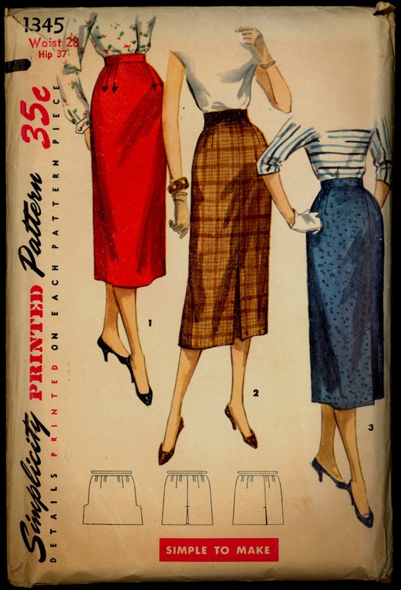 1950s Waist 28 Simple to Make One Yard Slim Skirt Simplicity 1345