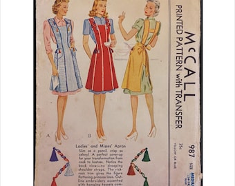 Part Cut 1940s Size Medium Bust 36 38 Princess Seam Apron Tassels Embroidery Transfer McCalls 987 Vintage Sewing Pattern Not Copy