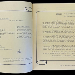 May include: Open book with two pages of text. The left page lists materials and supplies. The right page discusses counted thread techniques. The text is in black on a cream-colored background.