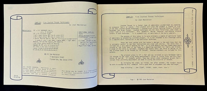 May include: Open book with two pages of text. The left page lists materials and supplies. The right page discusses counted thread techniques. The text is in black on a cream-colored background.