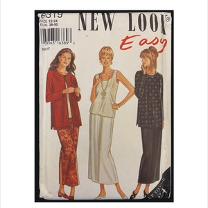 Puede incluir: Un patrón de costura para tres atuendos diferentes. El patrón es para las tallas 12-24 y es de New Look Easy. El primer atuendo es una chaqueta roja con una falda de estampado floral. El segundo atuendo es una blusa blanca sin mangas con una falda blanca. El tercer atuendo es una blusa de lunares negros y blancos con una falda negra.