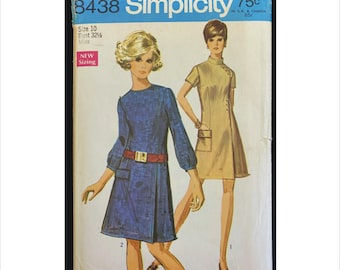 1960s Size 10 Bust 32 1/2 Shaped Front Seam Pleat Dress Simplicity 8438 Vintage Sewing Pattern Short or Long Sleeves Pocket