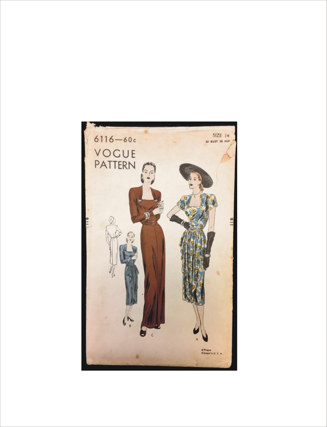 1940s Size 14 Bust 32 Shaped Waist Cascade Drape Dress Vogue 6116 ...