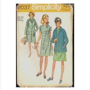 May include: Vintage Simplicity sewing pattern envelope with illustrations of three women in dresses and coats. The envelope is cream-coloured with the number 9037 and the word "Simplicity" printed in yellow.