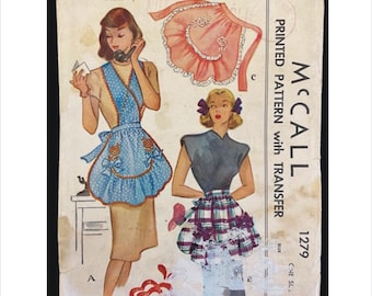 Part Cut 1940s One Size Apron Transfer McCall’s 1279 Vintage Sewing Pattern Not a Copy