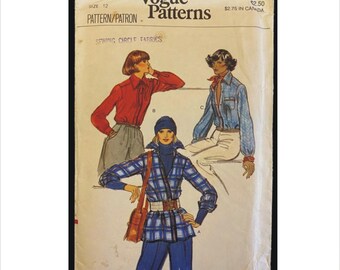 1970s Size 12 Bust 34 Loose Fitting Shirt Vogue 9665 Vintage Sewing Pattern Buttoned Cuffs, Self Tie Bow