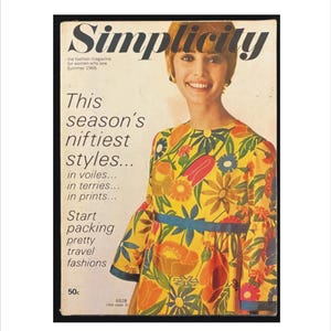 May include: A vintage Simplicity fashion magazine from Summer 1966 featuring a person wearing a yellow dress with a vibrant multi-colored floral print, a blue waistband, and bell sleeves. The cover includes text about sewing styles and travel fashions.
