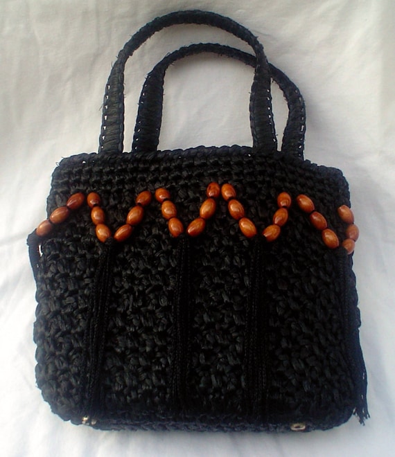 1950s 1960s Black Raffia Handbag Japan Wood Beads… - image 1