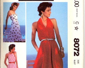 Uncut 1980s Size 12 Bust 34 Halter Top Drawstring Dress McCalls 8072 Vintage Sewing Pattern 80s New