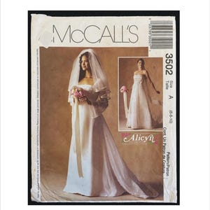 May include: A vintage McCall's sewing pattern envelope featuring a bridal gown design. The envelope displays a photo of a bride in a white strapless gown with a veil. The pattern number is 3502, size A (6-8-10).