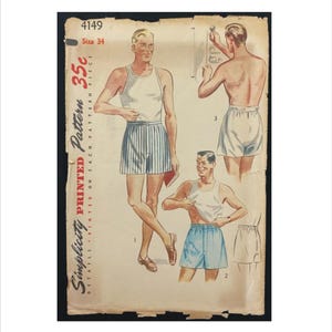 May include: Vintage Simplicity pattern featuring illustrations of men's shorts and tank tops. The pattern includes multiple views of the garments, with a size 34 indicated. The price is 35 cents.