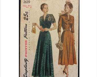 1940s Size 20 1/2 Bust 39 One Piece Half Size Dress Simplicity 2639 Vintage Sewing Pattern Evening or Daytime Length