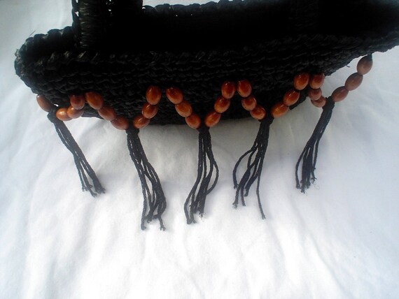 1950s 1960s Black Raffia Handbag Japan Wood Beads… - image 6