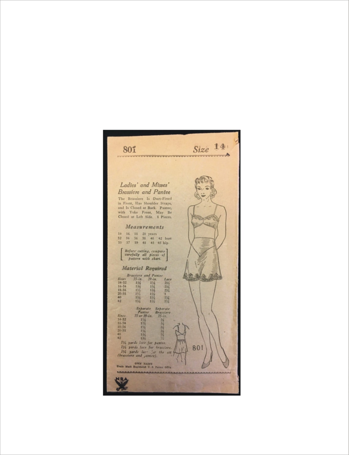 1930s Size 14 Bust 32 Brassiere Panty Own Name 801 Vintage Sewing ...