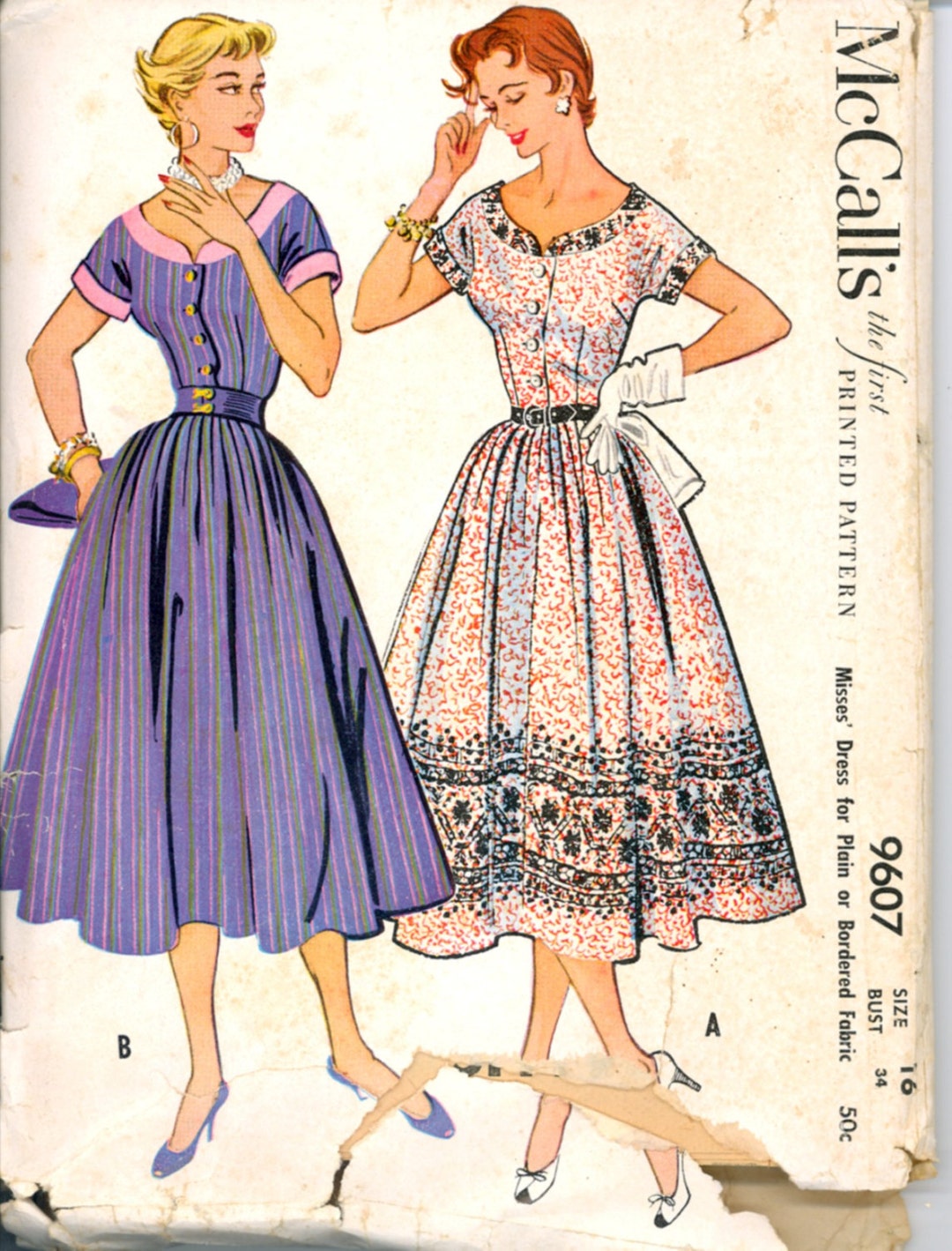 Part Cut 1950s Size 16 Bust 34 Border Print Scoop Neck Dress - Etsy