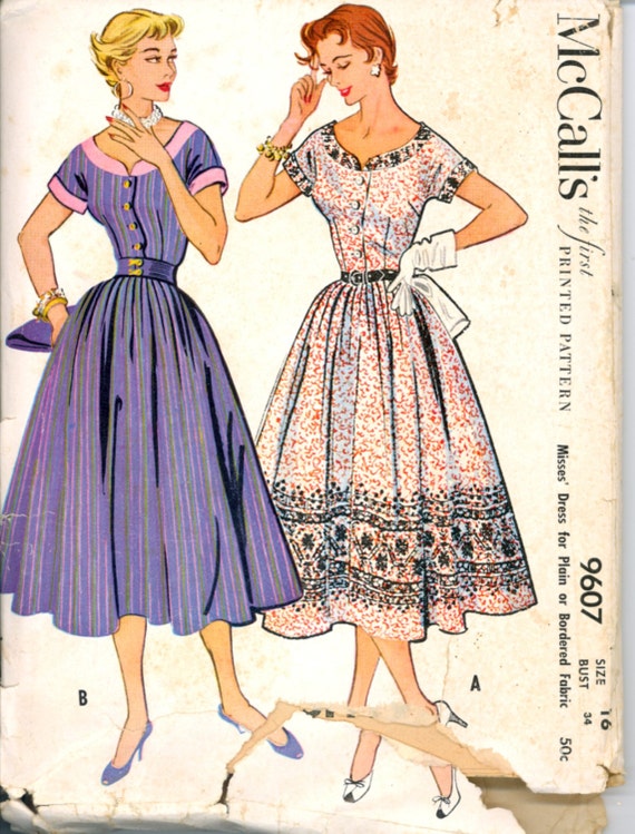 Part Cut 1950s Size 16 Bust 34 Border Print Scoop Neck Dress McCalls 9607  Vintage Sewing Pattern 50s
