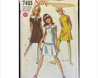 1960s Size 13 14 Bust 33 1/2 Junior Teen Dress in 2 Lengths Simplicity 7493 Vintage Sewing Pattern MOD Young Front Pleats