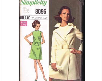 1960s Size 12 Bust 34 Wrap Coat Low Waist Dress Simplicity 8096 Vintage Sewing Pattern Designer Fashion Retro